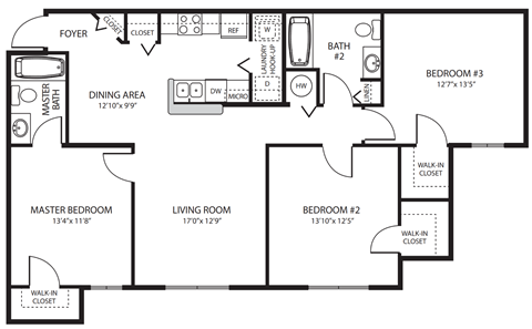 Floor plan for 3 beds, 2 baths, 1199 sqft